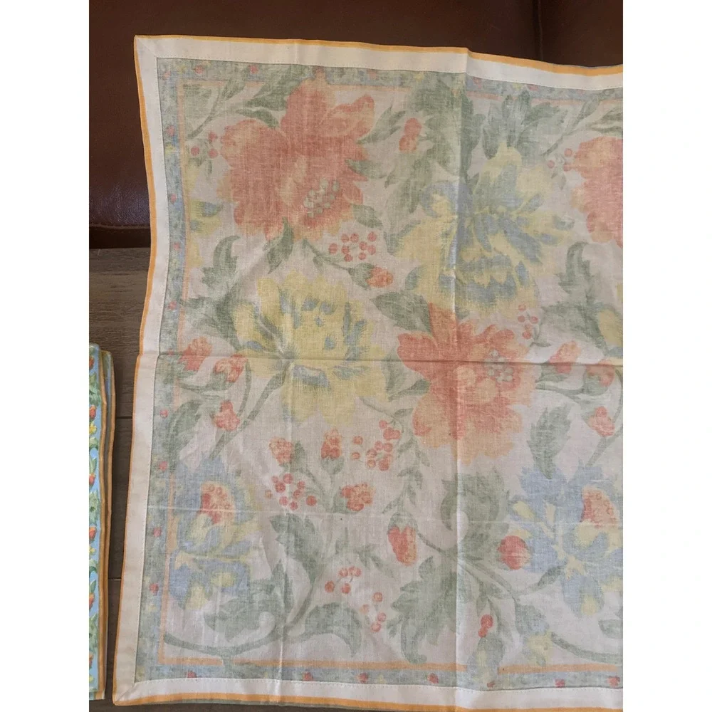 Vintage Style Floral Cotton Napkins Set of 4 Orange Blue Yellow Botanical Print